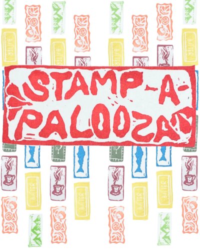 Repeating images of small stamps featuring items like a coffee cup, fish, mountains, butter, and fruits. Over it are the stamped words "Stamp-A-Palooza".